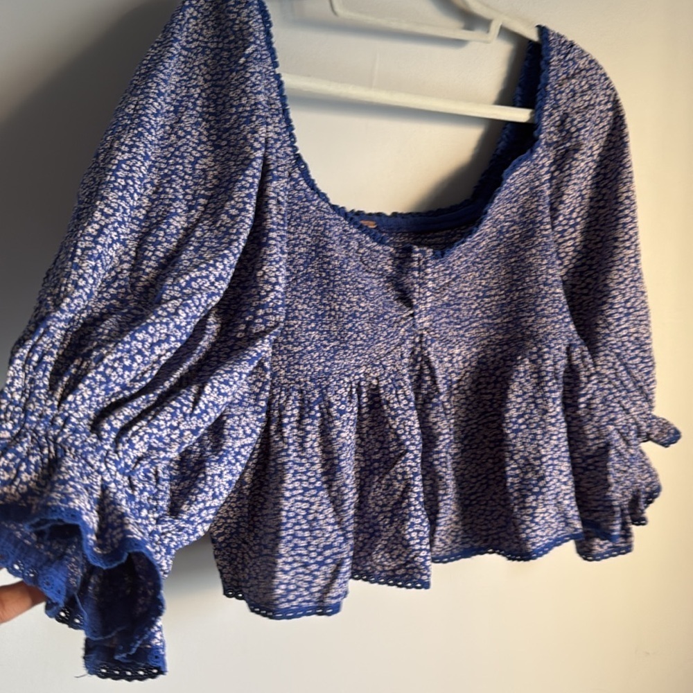 Free People Britnee Floral Cropped Peplum Smocked Puff Sleeve Top Large - Picture 6 of 10